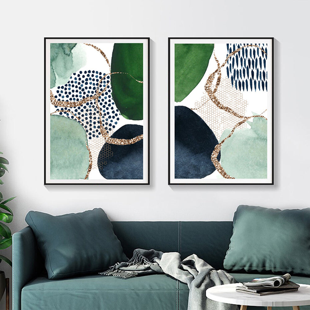 60cmx90cm Abstract Green and Navy 2 Sets Black Frame Canvas Wall Art