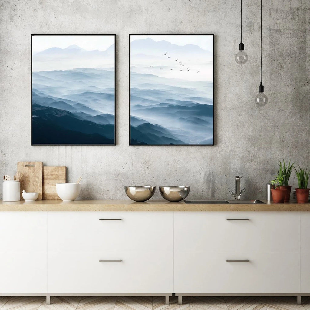 40cmx60cm Blue mountains 2 Sets Black Frame Canvas Wall Art