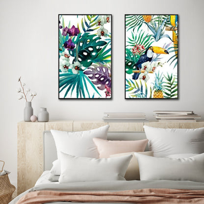 60cmx90cm Toucan and orchid 2 Sets Black Frame Canvas Wall Art