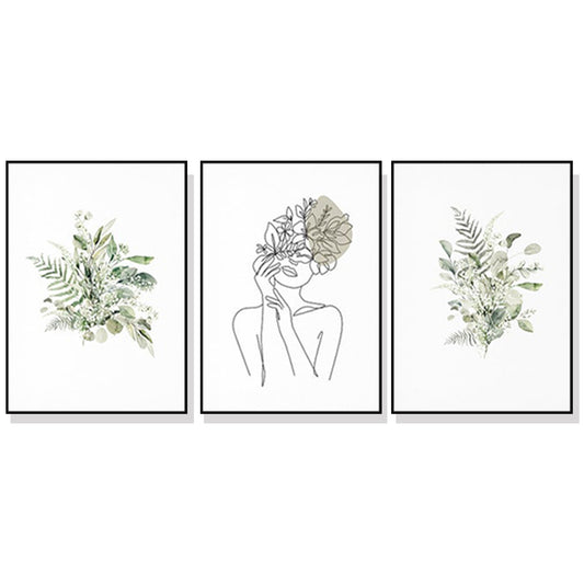 60cmx90cm Botanical Line Girl 3 Sets Black Frame Canvas Wall Art
