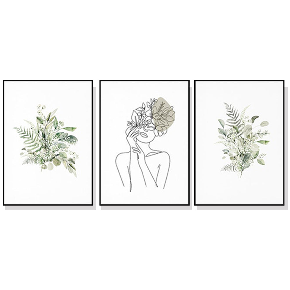 60cmx90cm Botanical Line Girl 3 Sets Black Frame Canvas Wall Art